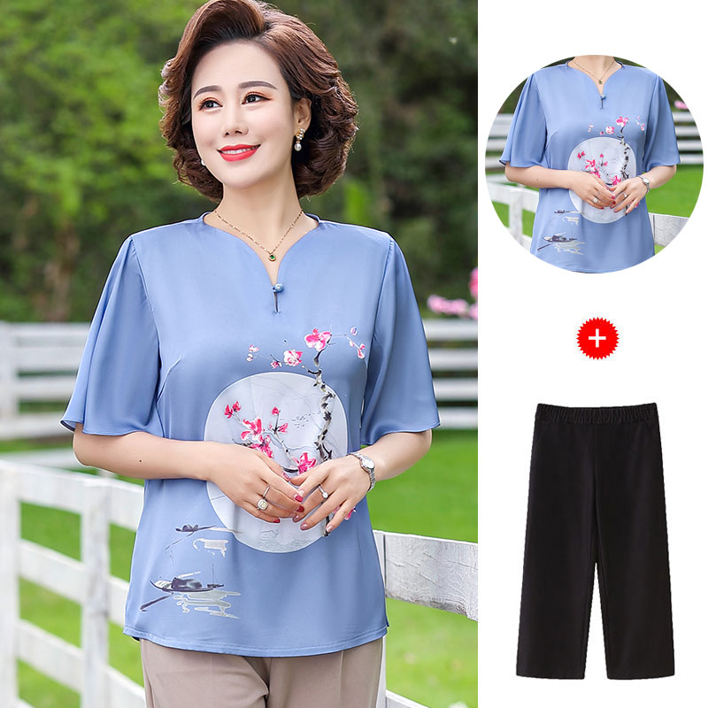 40-50岁中年女士夏装高贵上衣裤子两件套中老年宽松凉爽夏季套装