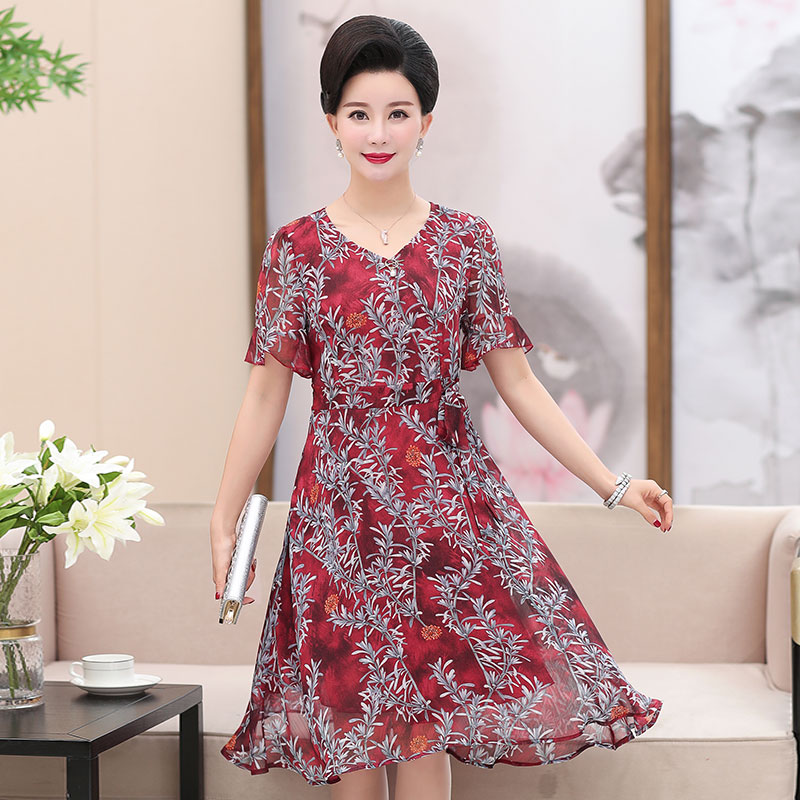 中老年女装夏季短袖40-50岁中年妈妈装高贵夏装修身时尚连衣裙