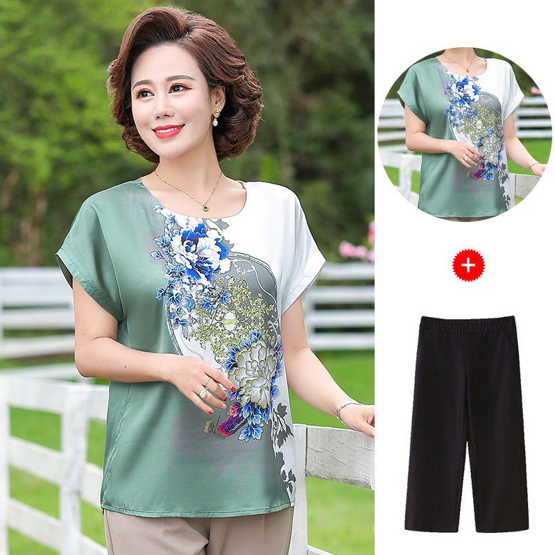 中老年女装夏装新款两件套40-50岁中年妈妈装短袖上衣七分裤套装