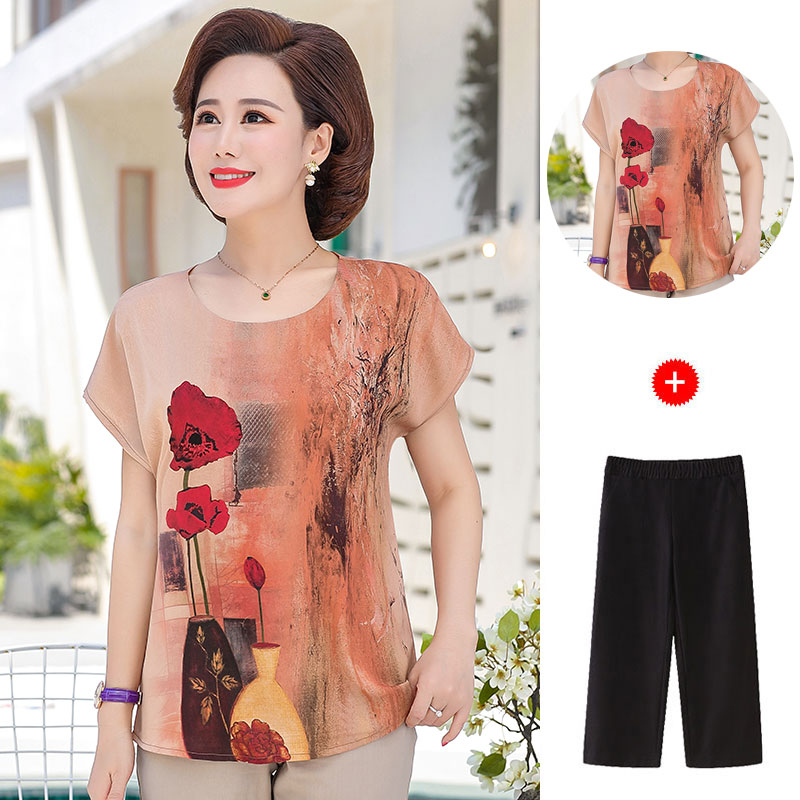中年女士妈妈装夏季新品时尚两件套40-50岁中老年女装夏装套装