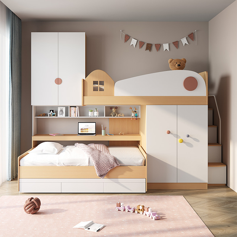 安兰图交错式上下床小户型多功能榻榻米抽拉书桌一体床高低组合床
