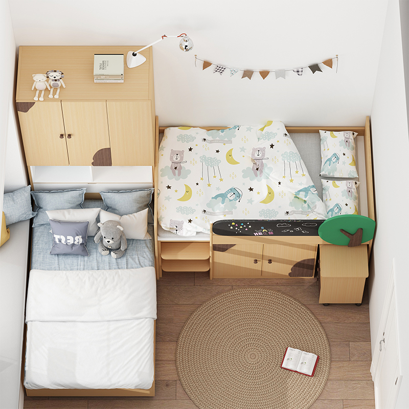 安兰图多功能错位摆放儿童床小户型半高床榻榻米组合套房带衣柜