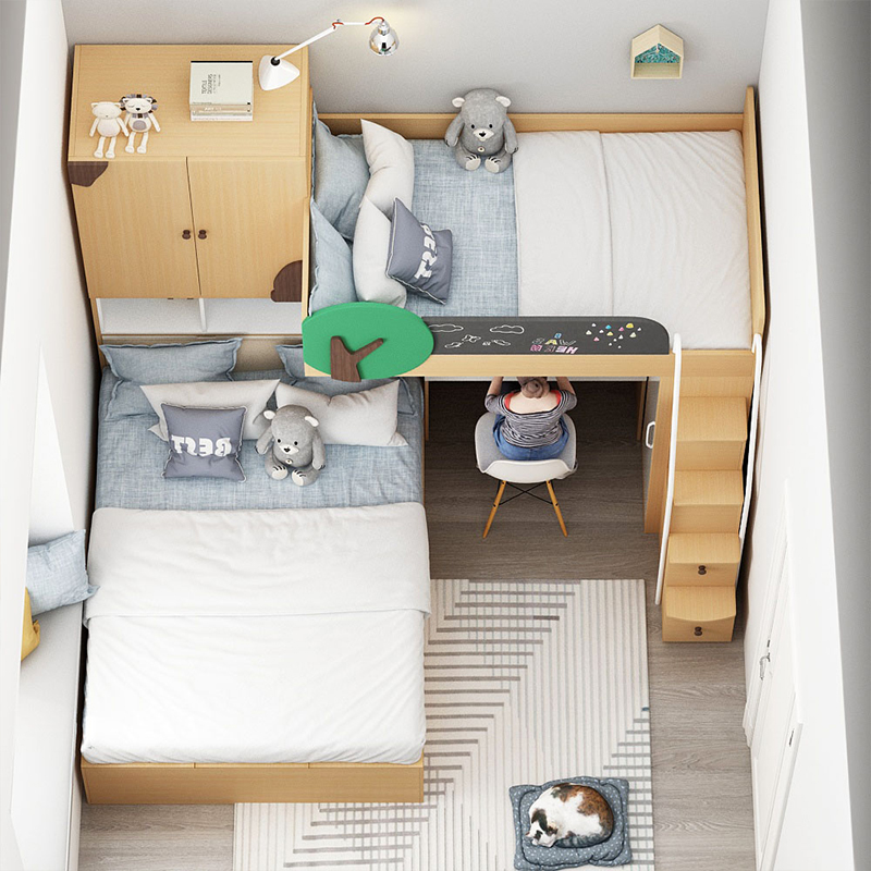 安兰图交错式上下床一体床小户型多功能组合榻榻米衣柜高低子母床