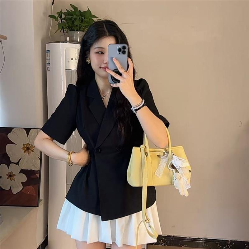 小个子夏季短袖轻薄透气凉快时尚气质收腰显瘦法式蓬蓬百褶短裙子