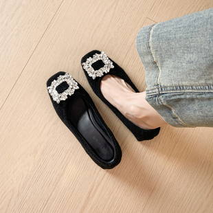 毛毛鞋女冬外穿粗跟方头2025新款秋季加绒豆豆鞋低跟方扣水钻单鞋