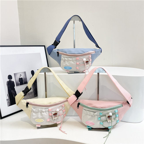 日系ins撞色潮牌胸包女生韩版大容量抽绳斜跨包少女百搭运动腰包