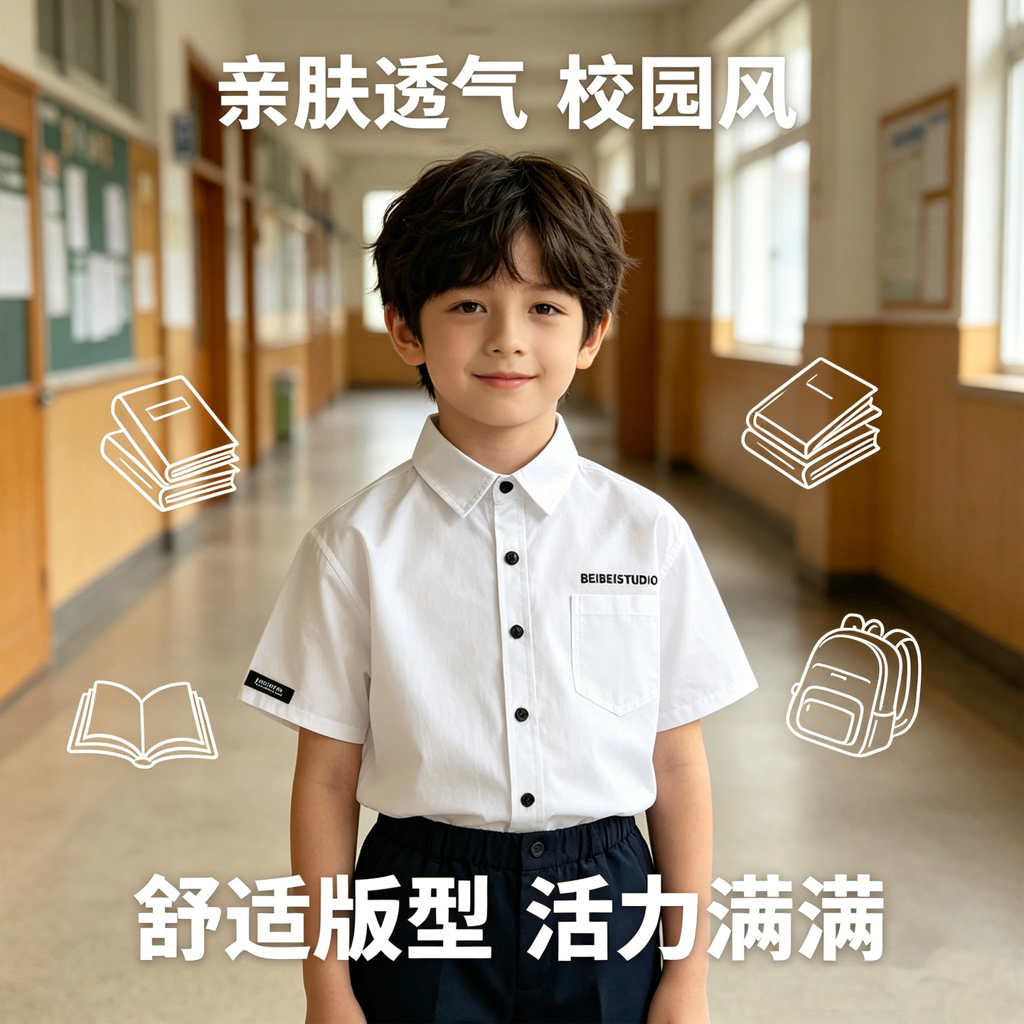 儿童白衬衫男童短袖夏季小学生校服长袖女童纯白色棉衬衣表演出服