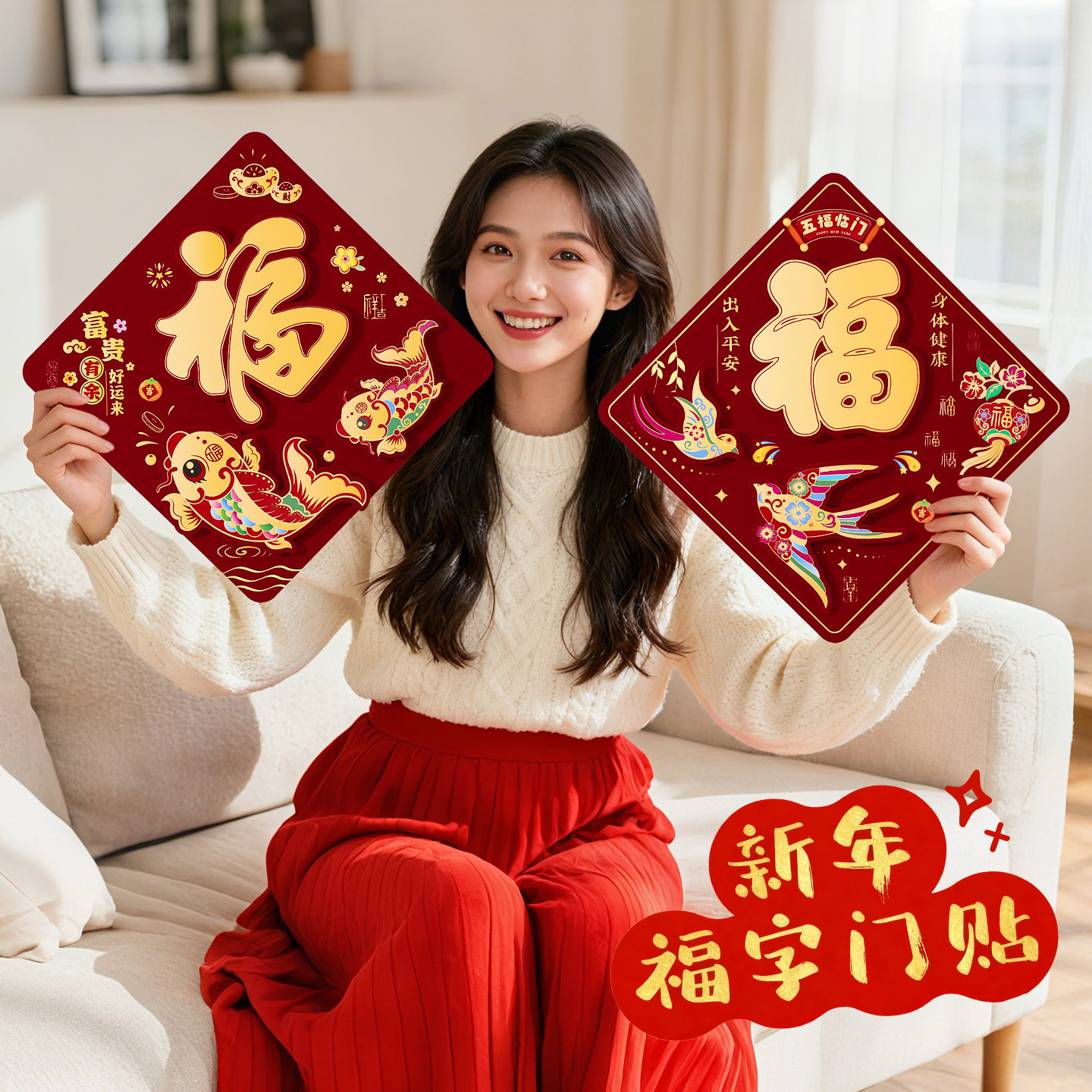 马年福字门贴2026新款春节过年立体植绒酒红门墙贴新年装饰品布置