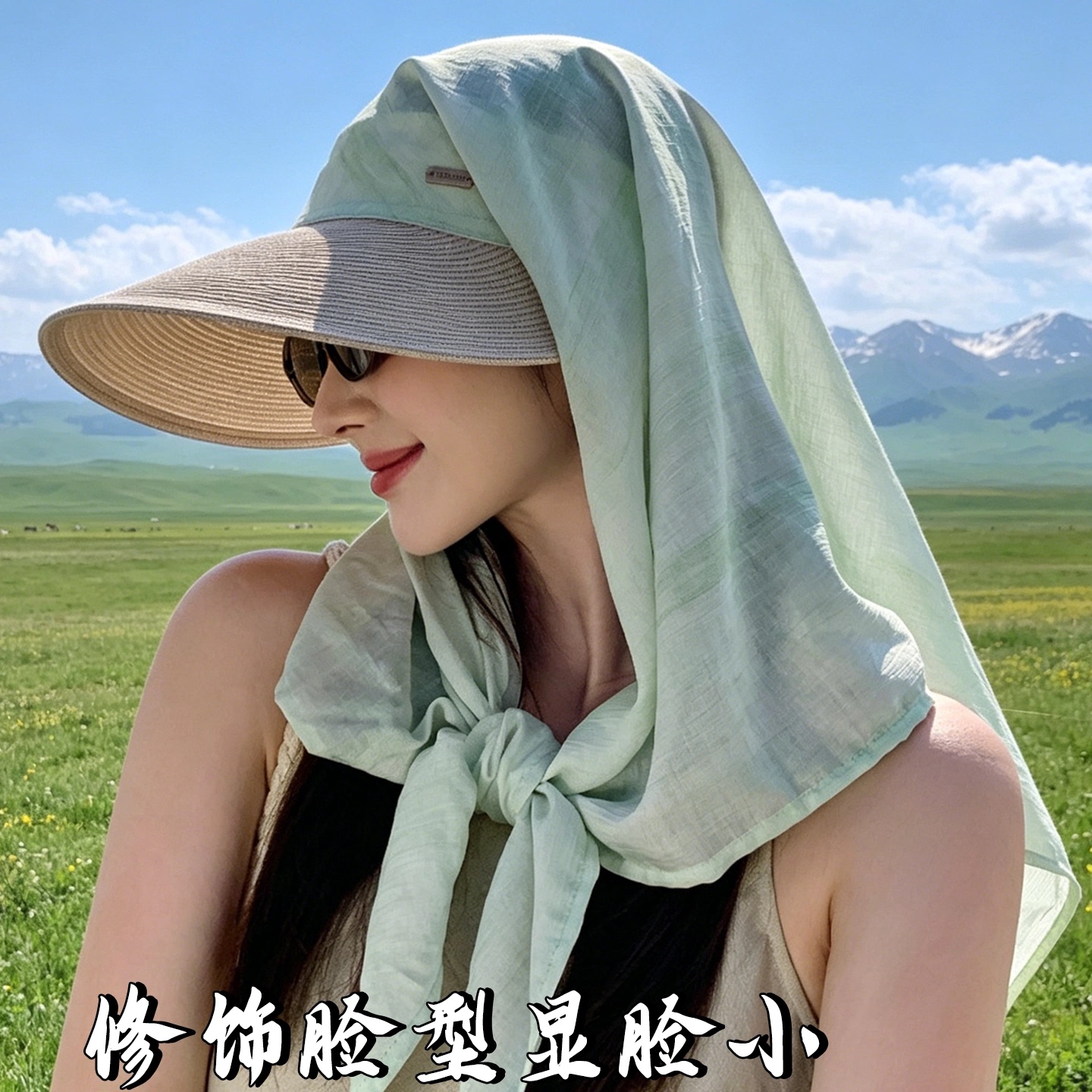 绑带丝巾草编帽子女防晒帽夏季防紫外线新款披肩护颈遮阳帽太阳帽