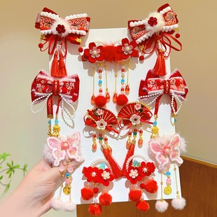 新年古风儿童发饰红色过年头饰女童汉服发夹宝宝中国风拜年服发卡