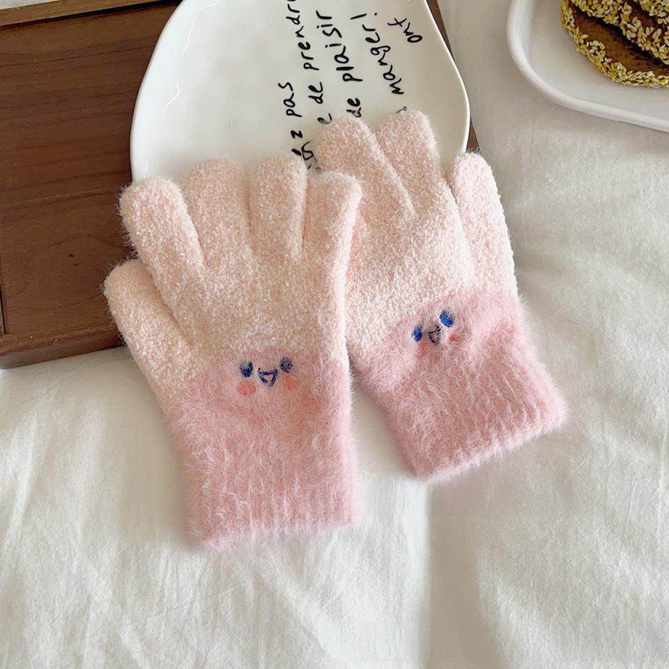 儿童手套冬男女孩可爱糖果色加厚保暖防寒骑车小学生五指毛绒针织