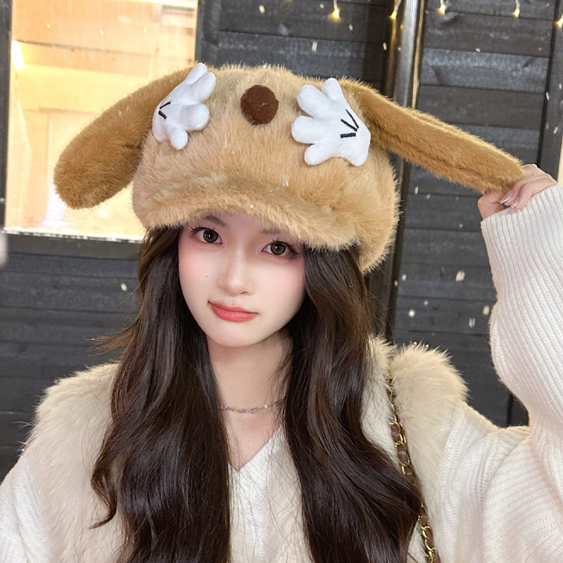 可爱毛绒手掌鸭舌帽子女秋冬季户外保暖八角帽甜美小狗耳朵贝雷帽