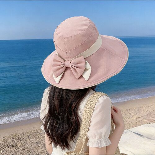 新款百搭夏季蝴蝶结时尚透气渔夫帽女遮阳防晒防紫外线帽子大帽檐