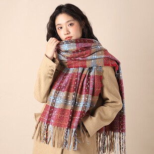 安克拉红围巾女冬季2026新款韩系加厚围脖圣诞新年氛围感格子披肩