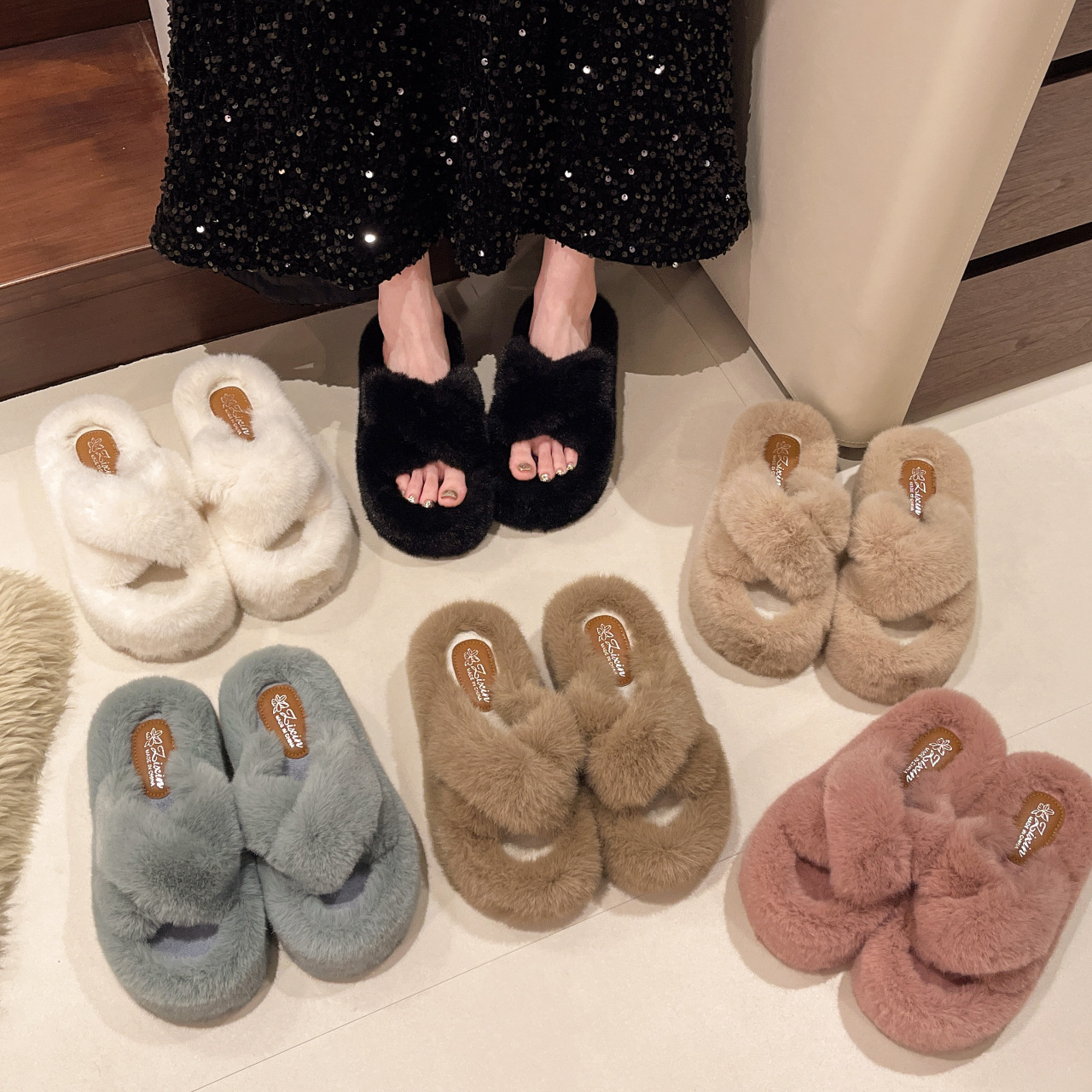 毛毛拖鞋女冬外穿居家交叉带厚底拖鞋增高韩版小个子高级感棉拖鞋