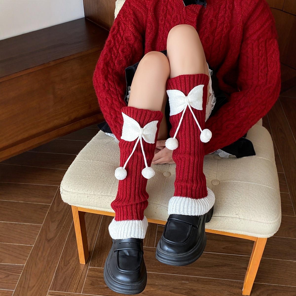 安克拉红袜套女冬加厚保暖长筒袜日系可爱JK小腿袜圣诞喜庆堆堆袜