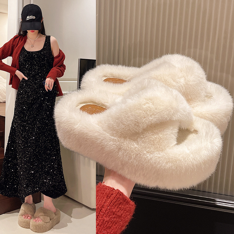 毛毛拖鞋女冬外穿居家交叉带厚底拖鞋增高韩版小个子高级感棉拖鞋