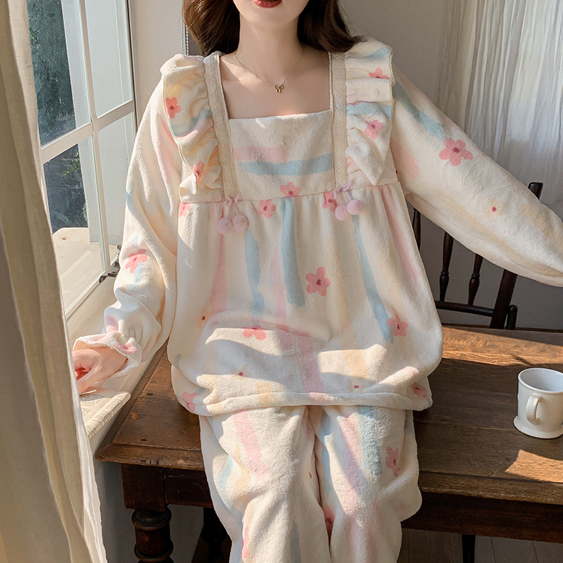 公主风睡衣女士春秋冬季珊瑚绒长袖加绒加厚宫廷风家居服冬天套装