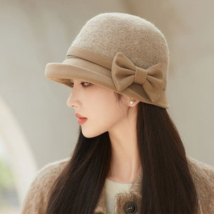 羊毛呢渔夫帽女秋冬2025新款法式复古赫本风留洋千金帽富家礼帽子