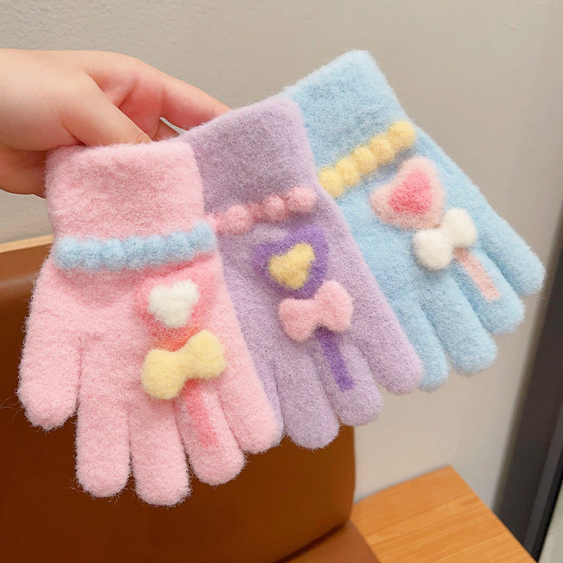 儿童手套秋冬加绒加厚防寒女孩防风保暖蝴蝶结魔法棒全指针织手套