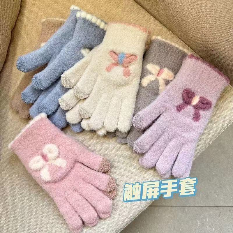 可触屏针织手套女秋冬季毛线保暖五指可爱学生冬天骑车新款蝴蝶结