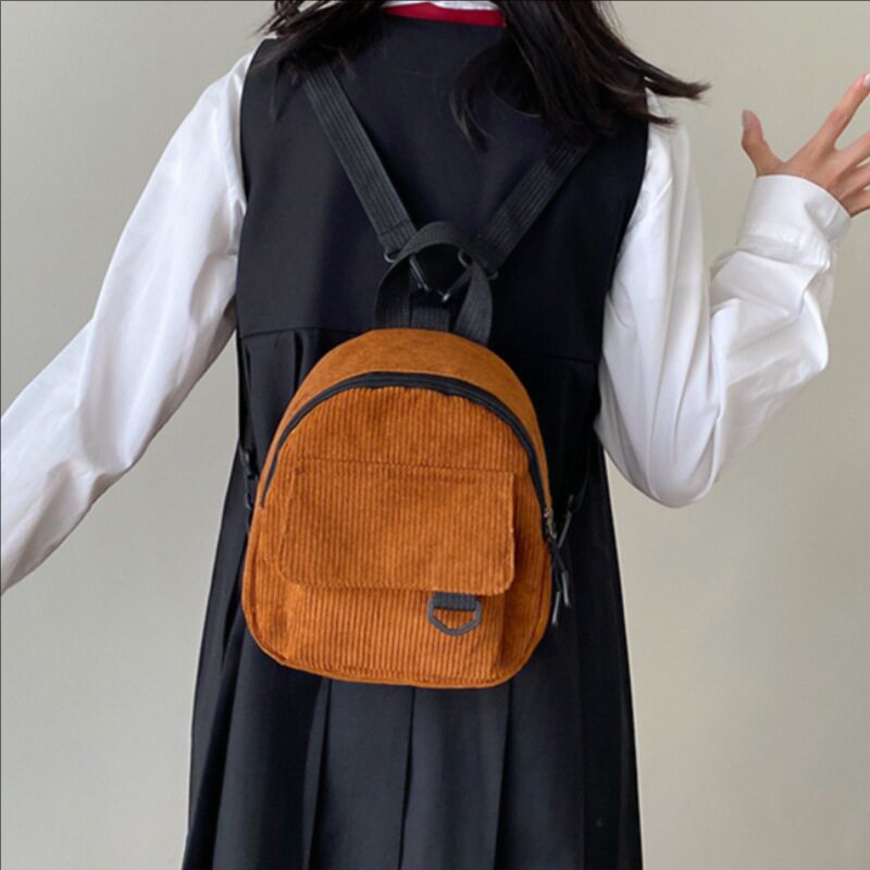 韩版休闲百搭简约复古灯芯绒纯色日系女双肩包学生书包女式背包潮