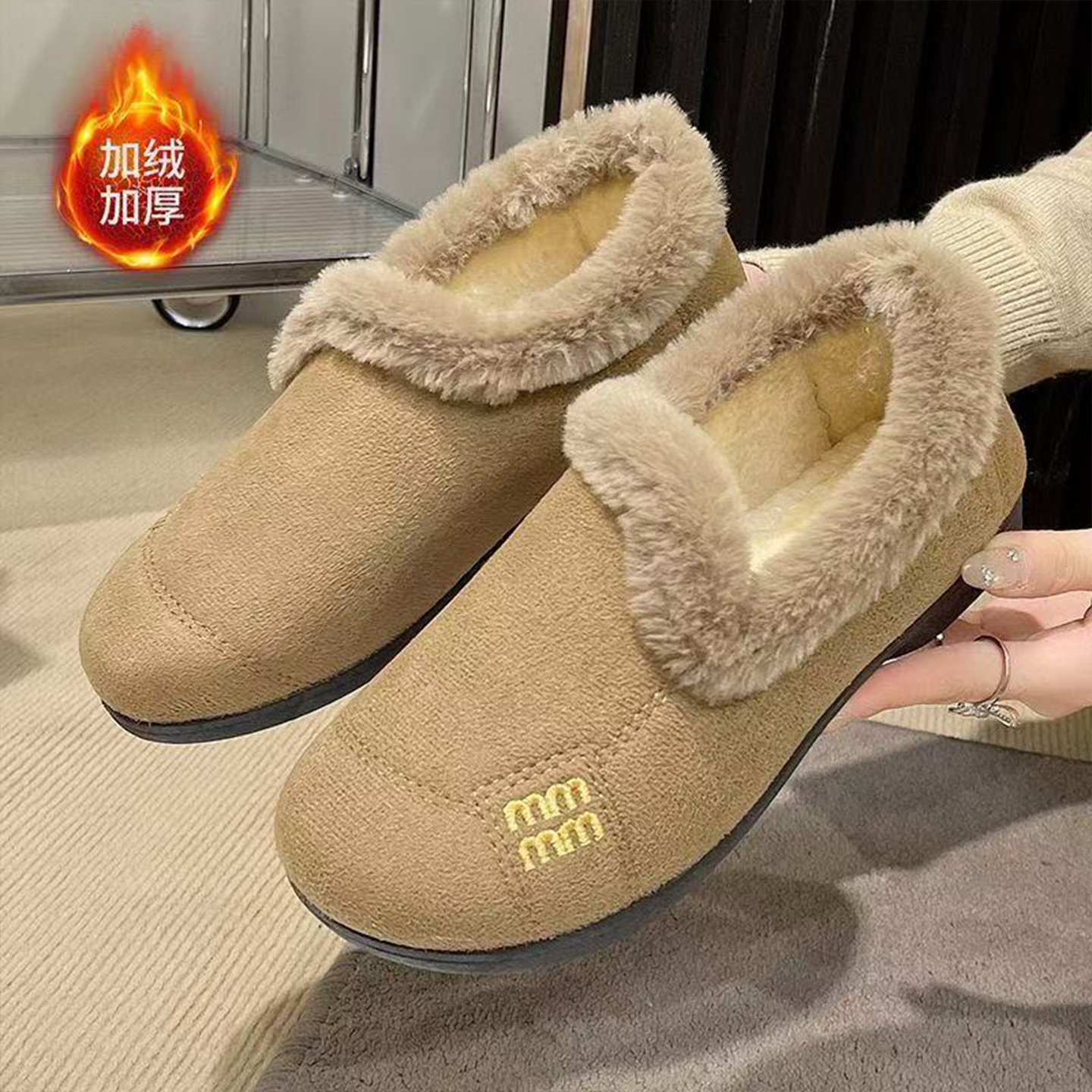 平底加绒保暖一脚蹬棉鞋女冬季2025新款外穿防滑毛毛鞋孕妇豆豆鞋