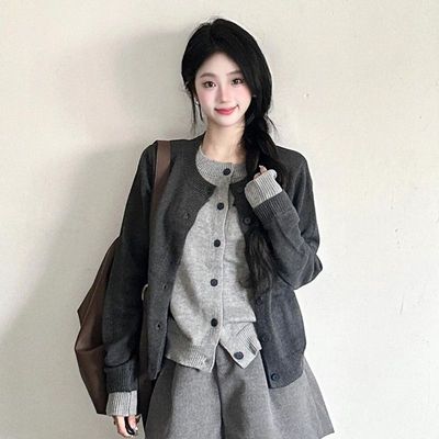 灰色假两件针织开衫女早秋大朗毛织毛衣外套广州十三行巨好看上衣