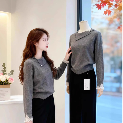 不起球可外穿东莞大朗减龄义乌打底针织衫翻领蕾丝袖毛衣女上衣