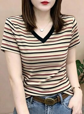 义乌打底衫女广州十三行韩货上衣2026新款四季青条纹纯棉短袖T恤