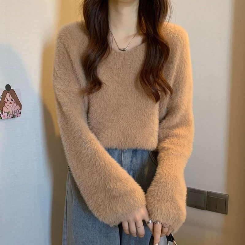 深圳南油不起球软糯水貂绒毛衣女秋冬季v领套头东莞大朗针织衫