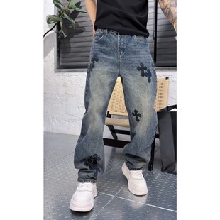 YULE语乐/26504拼片贴皮十字花牛仔裤加厚休闲微弯刀直筒裤