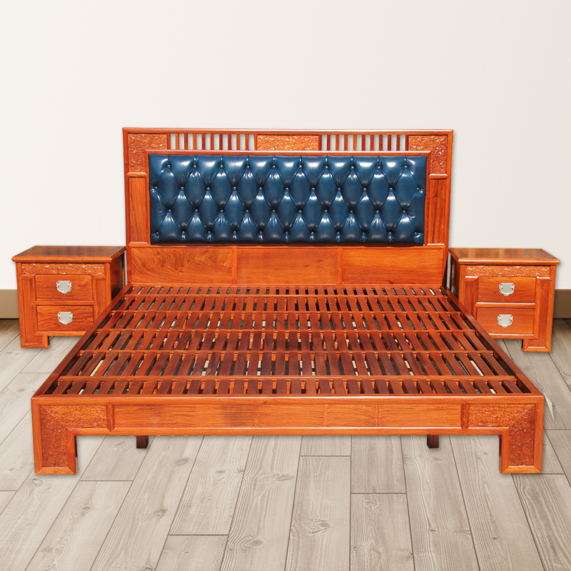 大果紫檀真皮红木新中式风双人床