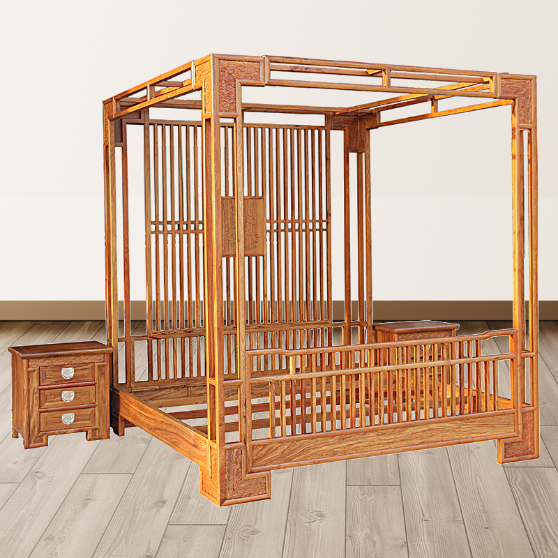 新中式京瓷红木双人床苏梨床头柜