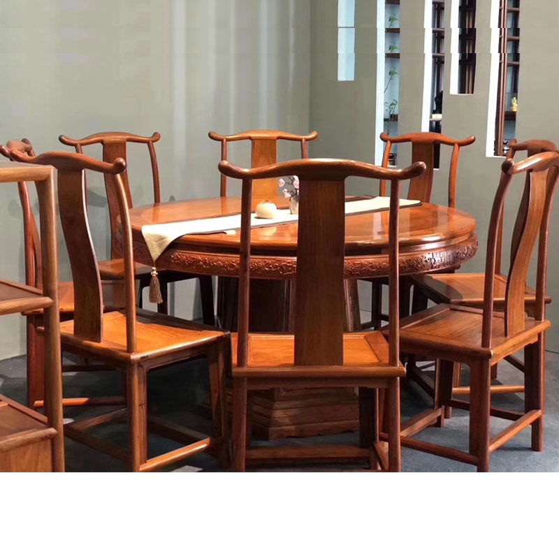 新中式刺猬紫檀圆餐桌餐椅现代花梨木家具实木饭桌椅圆形吃饭桌