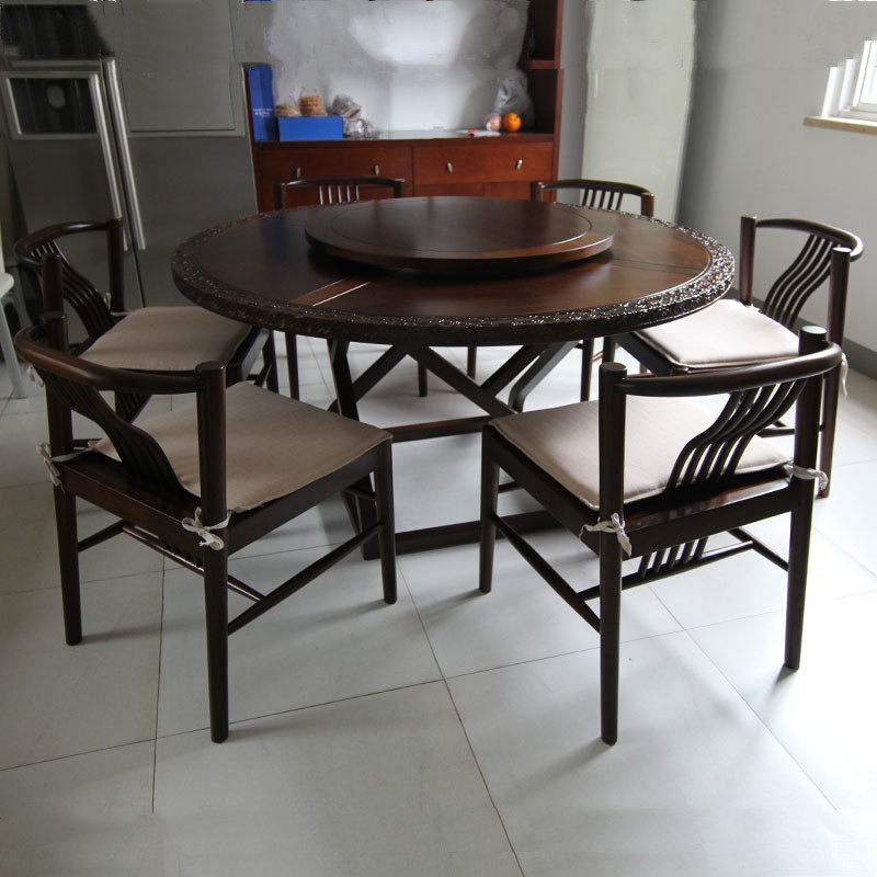 厚泰禅意简约圆形饭桌实木家具现代新中式黑檀木君和圆餐桌餐椅