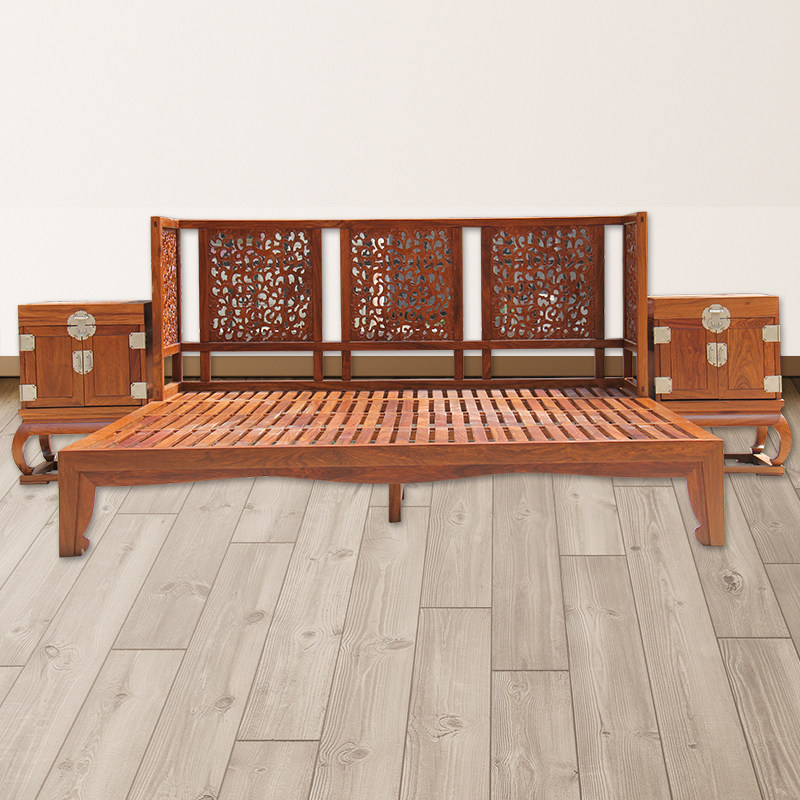新中式荣麟京瓷云锦雕花红木双人床实木品牌家具定制祥云床头柜