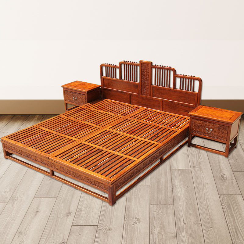 新中式风刺猬紫檀雕花红木双人床