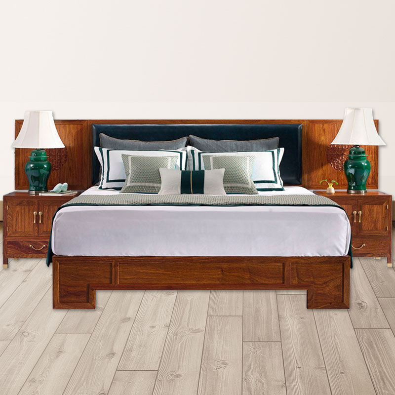 新中式刺猬紫檀红木双人真皮床