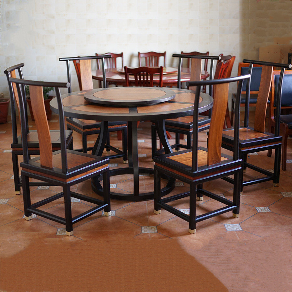 刺猬紫檀新中式双色圆形餐桌椅花梨木红木圆桌餐厅家具定制