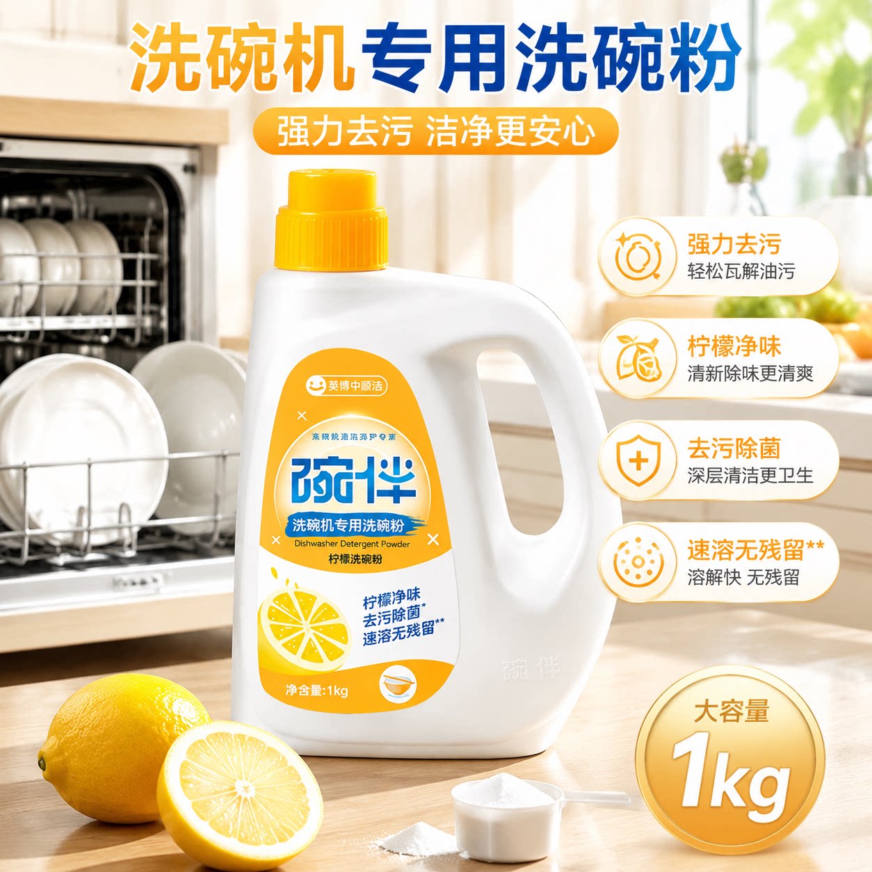 碗伴洗碗粉美的洗碗机柠檬萃取去渍亮碟洗涤剂除菌适配方太西门子