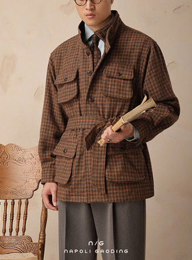 多口袋保暖夹克男冬季立领复古休闲游民猎装商务垂感绅士格子外套