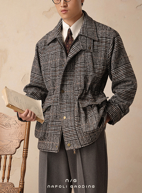 冬季翻领保暖夹克男宽松休闲复古羊毛外套商务绅士游民格子猎装潮