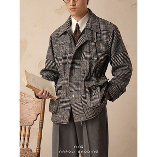 冬季翻领保暖夹克男宽松休闲复古羊毛外套商务绅士游民格子猎装潮