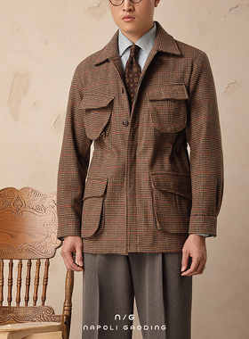 冬季宽松复古猎装男绅士休闲翻领免烫外套商务垂感格子游民夹克潮