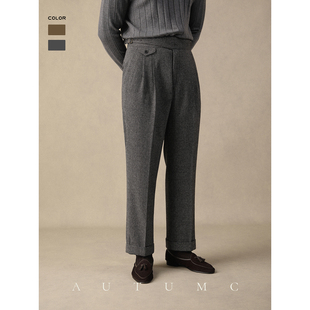 廓尔格高腰西裤男秋冬直筒免烫羊毛长裤商务垂感修身千鸟格休闲裤