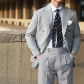 休闲戗驳领西装 条纹单西百搭垂感双开衩外套 男春夏双排扣商务修身