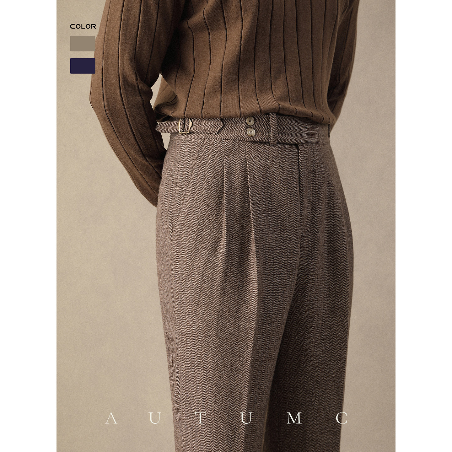 人字纹羊毛西裤男秋冬直筒巴黎扣垂感免烫长裤商务休闲保暖高腰裤