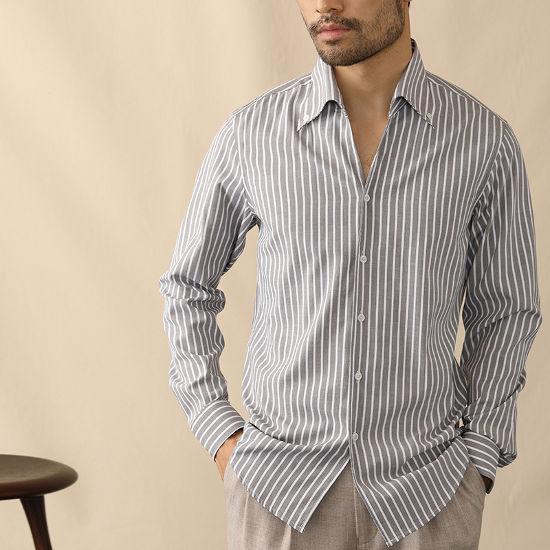 春季条纹长袖免烫修身一片领衬衫