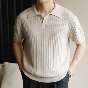 休闲短袖 翻领条纹透气上衣百搭商务免烫绅士宽松T恤 polo衫 男夏季